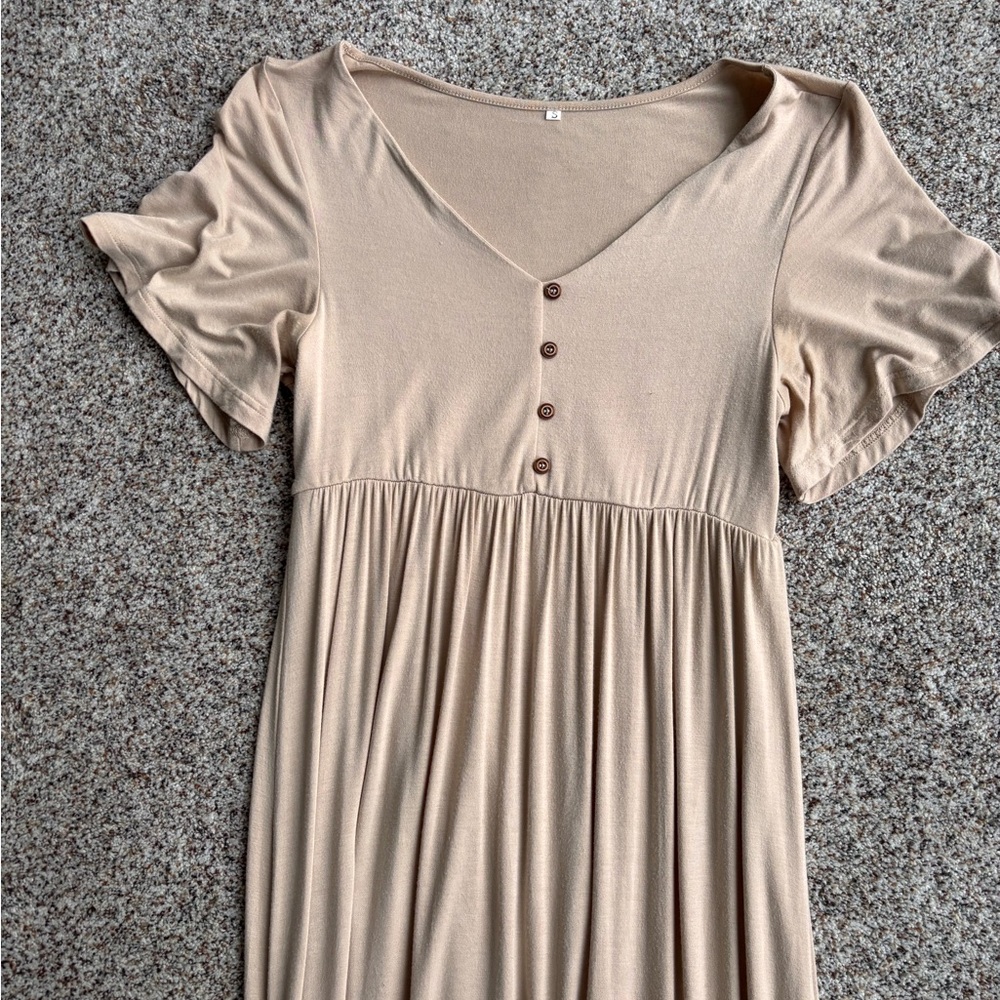 Tan Button-Down Maternity Maxi Dress